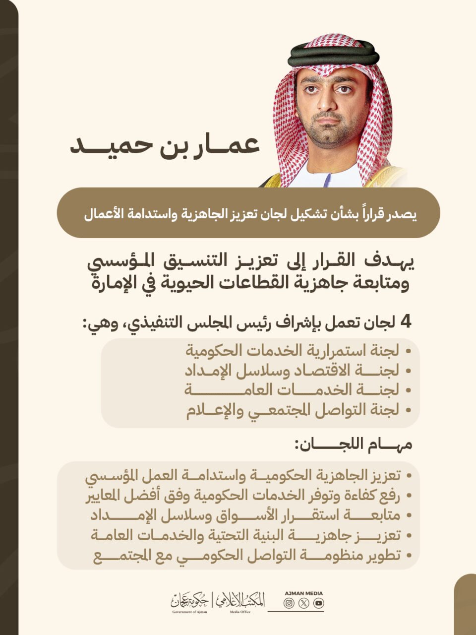 عمار بن حميد يصدر قراراً بتشكيل لجان تعزيز الجاهزية واستدامة الأعمال في حكومة عجمان