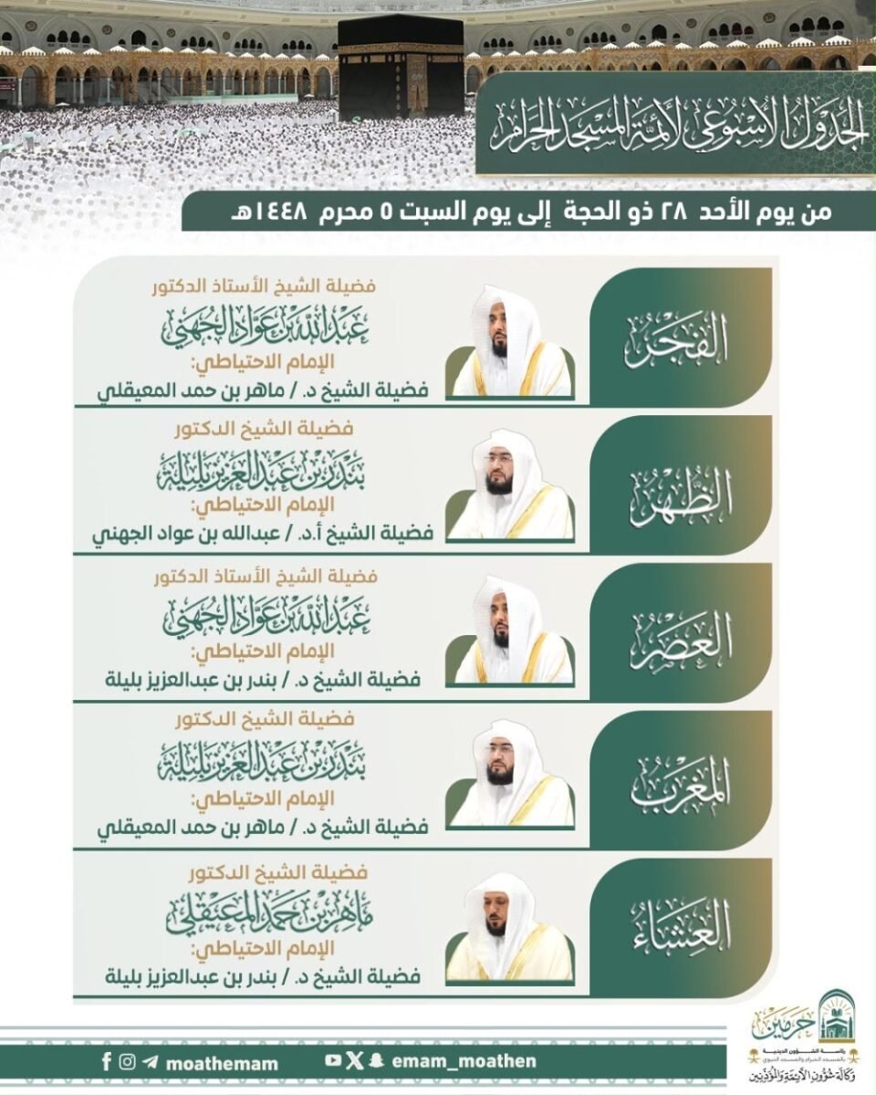 حتى 5 محرم.. الجدول الكامل لأئمة الحرمين الشريفين