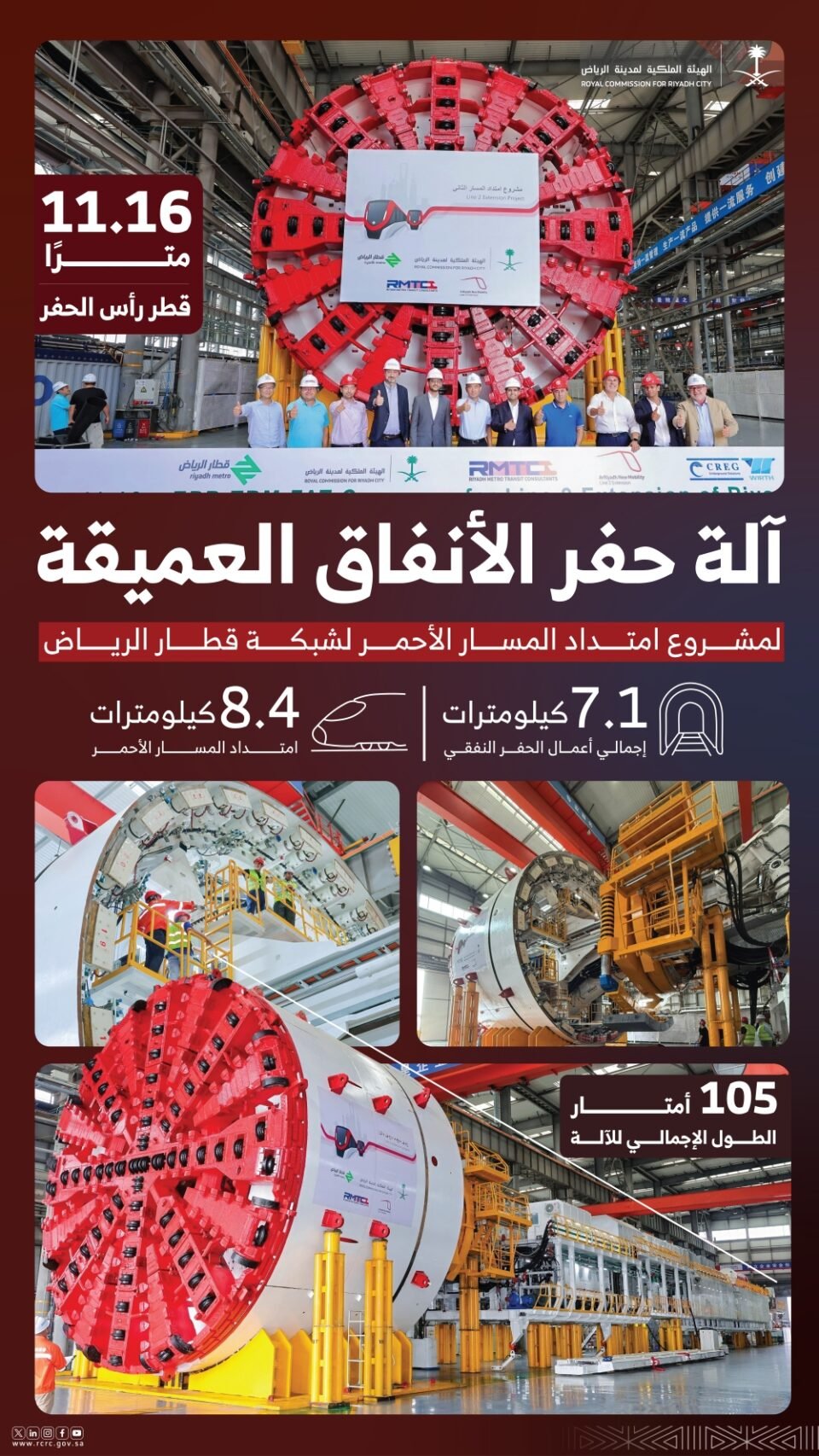 جاهزية آلة حفر الأنفاق العملاقة لمشروع امتداد المسار الأحمر لقطار الرياض