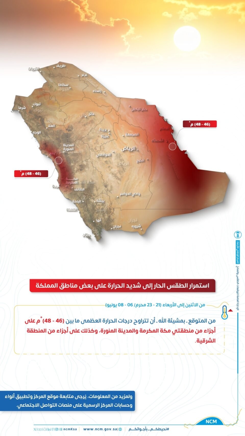 حتى الأربعاء.. طقس شديد الحرارة على أجزاء من مكة والمدينة والشرقية