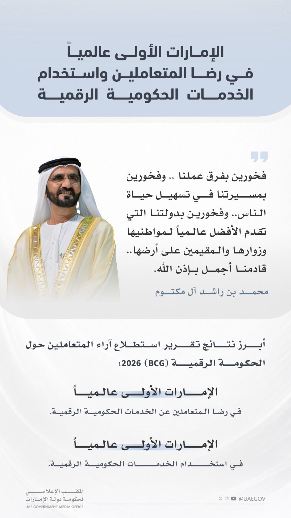 الإمارات الأولى عالميا في رضا المتعاملين واستخدام الخدمات الحكومية الرقمية